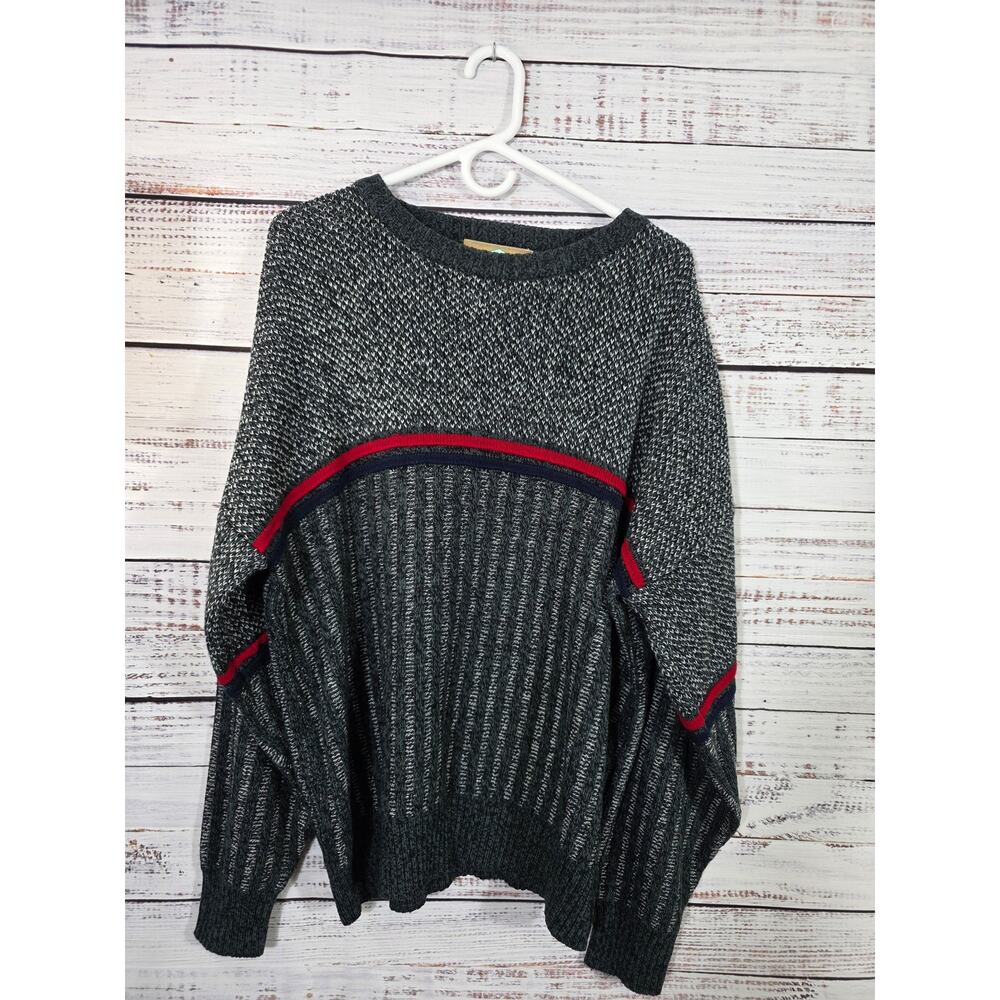 VTG 90s Weekends Textured Striped Sweater Adult Large Gray Red Chunky Knit